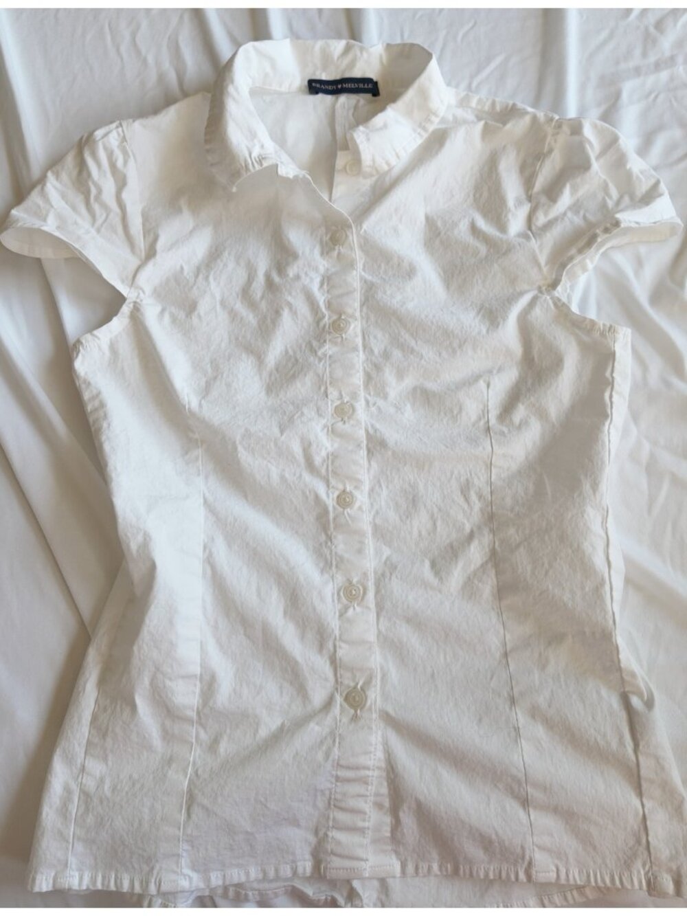 Brandy Melville Blouse White Cap Sleeve Button Up Shirt Tailored Fitted One Size
